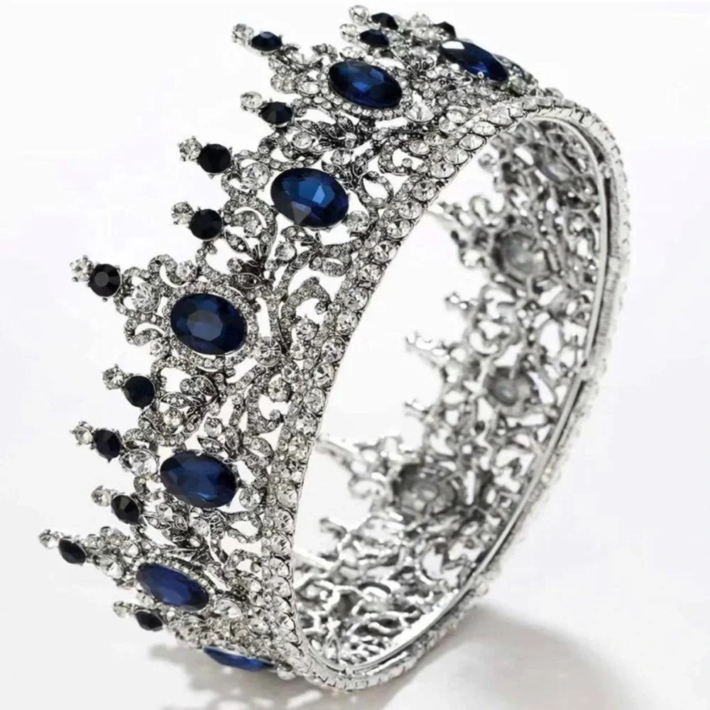 Vintage King Crown Blue Rhinestone Crown for Men, Birthday Masquerade Prom Party - Picture 2 of 2